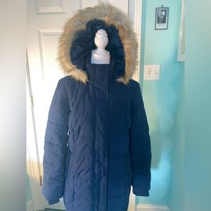 Women's Navy Hooded Puffer Coat